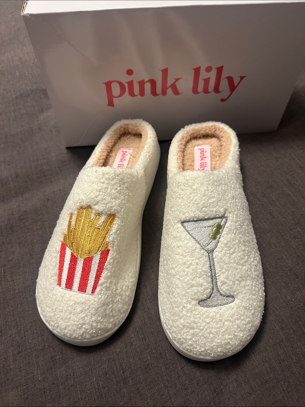 Pink Lily Cream Fuzzy Slippers with Fry & Martini Embroidery